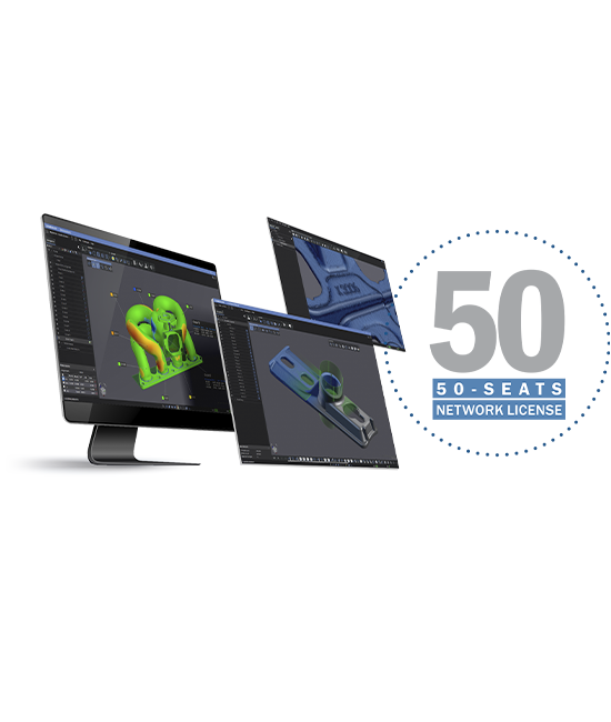 Digital screens showcasing the Academia software package, featuring a 50-seat network license